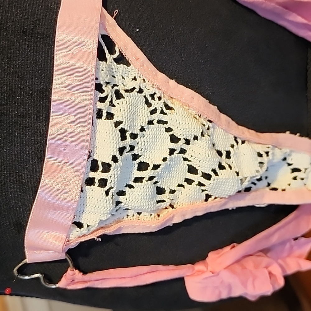 Crochet Lace Bikini Pink & Cream Handmade Super Sexy Funky Cute SZ MED